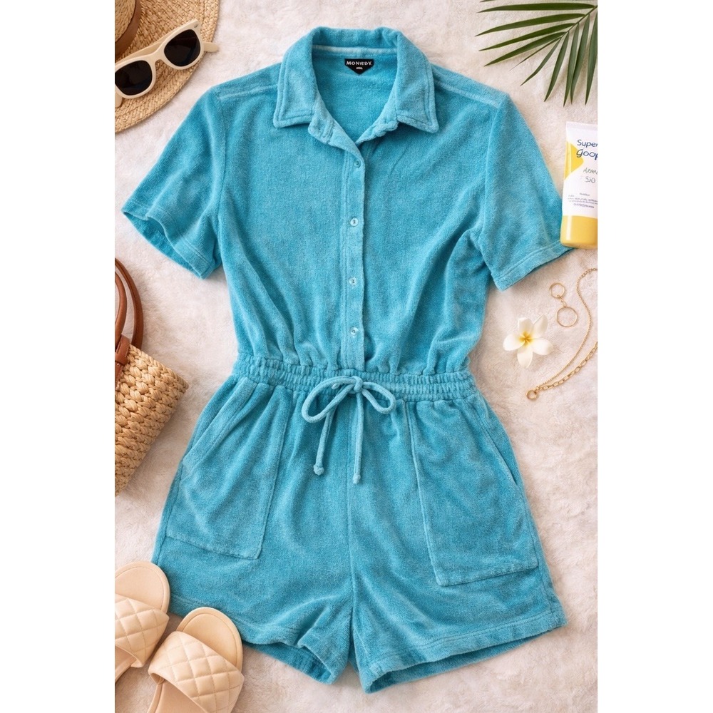 Monrow Terry Cloth Romper Teal M Coastal Chic Resort Wear Poolside Beach Lounge